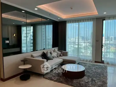 Luxurious modern living room with city view and elegant decor