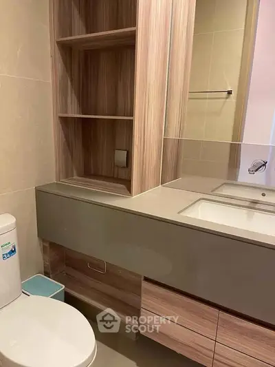 Modern bathroom with sleek wooden cabinetry and contemporary fixtures.