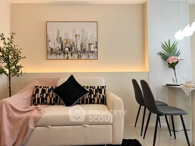 Modern living room with stylish decor and cozy seating area