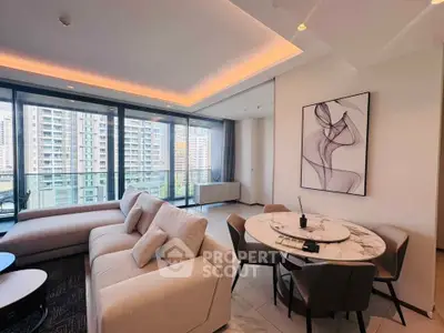 Luxurious modern living room with elegant decor and stunning city view