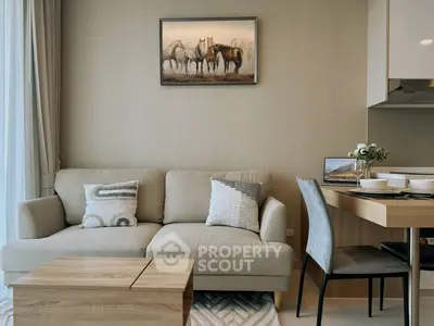 Modern living room with cozy sofa and stylish dining area