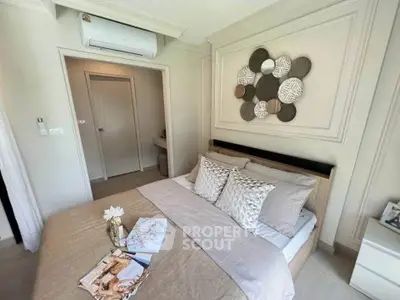Elegant bedroom with stylish decor and air conditioning unit