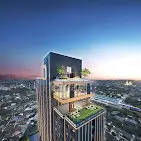 Stunning high-rise building with rooftop garden and panoramic city views at sunset.