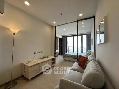 Modern living room with cozy sofa and stylish decor in a bright apartment