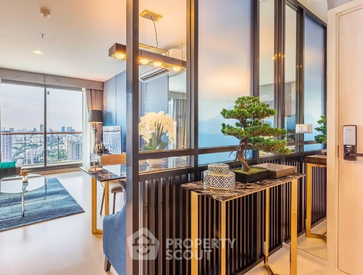 Luxurious modern living room with panoramic city view and elegant decor