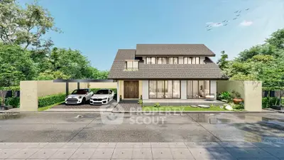 Modern suburban house with two-car garage and lush garden