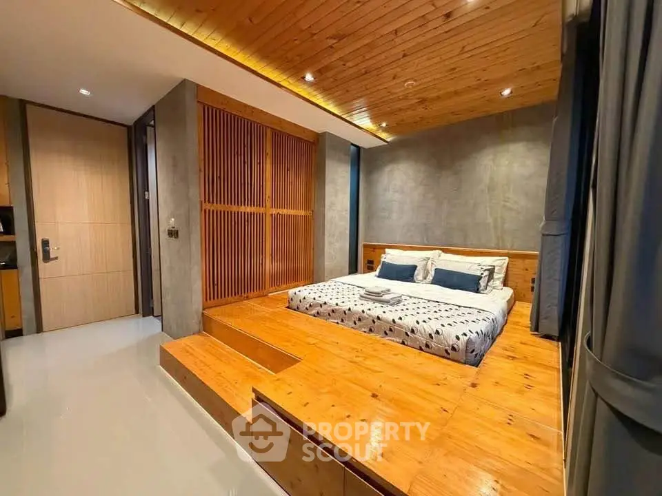 Luxurious modern bedroom with wooden accents and stylish decor