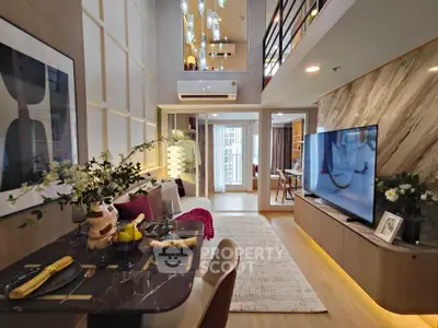 Luxurious modern living room with high ceilings and elegant decor