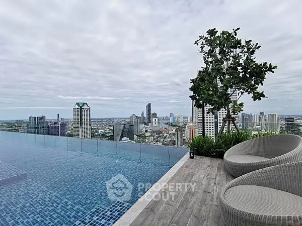 Luxurious rooftop pool with stunning city skyline view and modern seating area.