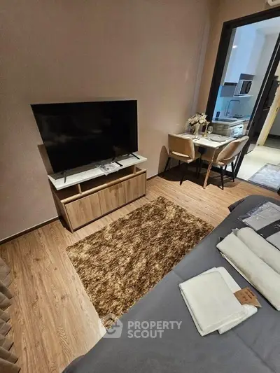 Modern living room with TV, cozy rug, and stylish furniture in a contemporary apartment.