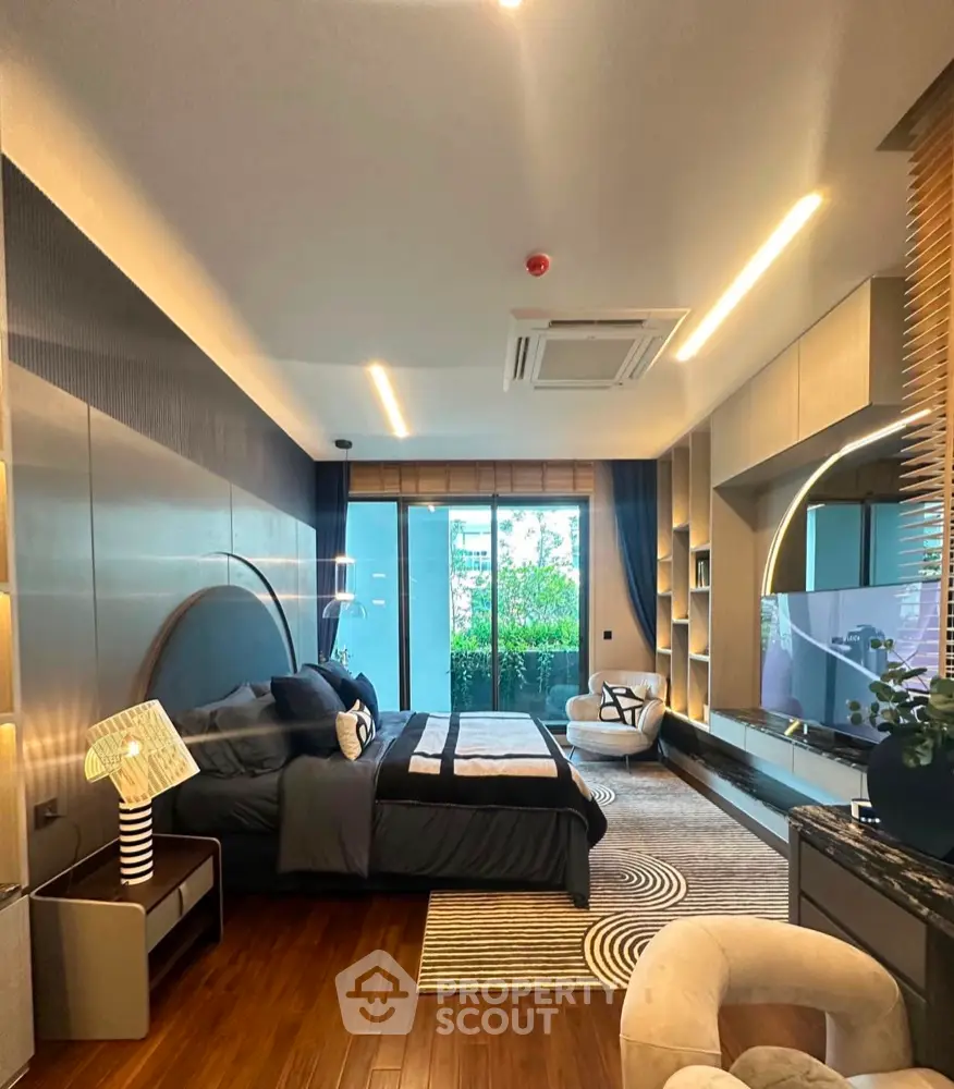 Luxurious modern bedroom with elegant decor and large window view
