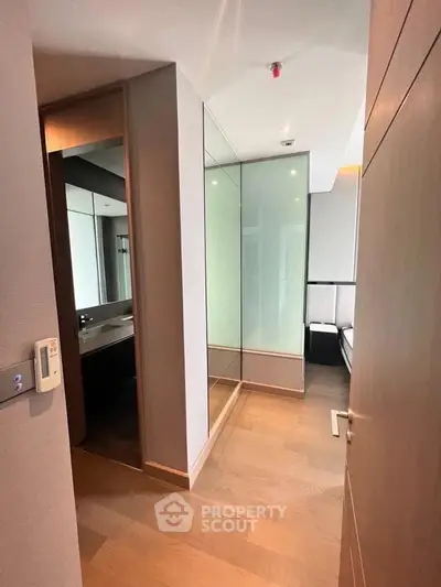 Modern apartment interior with sleek bathroom and bedroom design