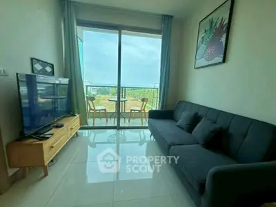 Modern living room with balcony view and sleek furniture