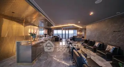 Luxurious modern living room with stunning city view and elegant decor