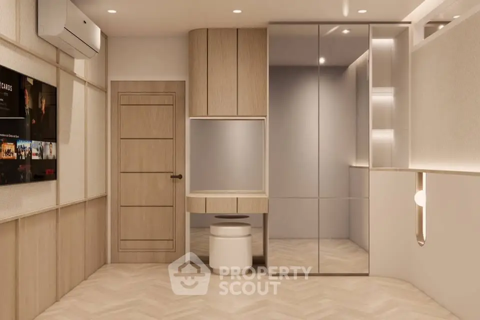 Modern minimalist study room with sleek wooden cabinetry and ambient lighting