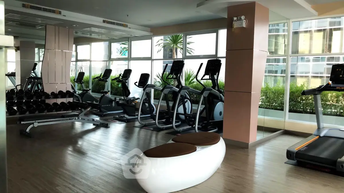 Modern gym with state-of-the-art equipment and large windows in luxury apartment building.