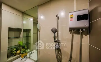 Modern bathroom with shower and bathtub in contemporary apartment