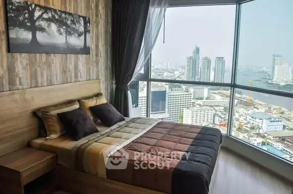 Luxurious bedroom with stunning city view and modern decor
