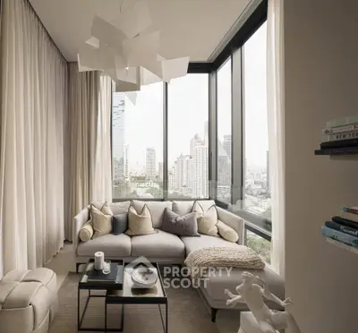 Luxurious corner living room with panoramic city views and modern decor.