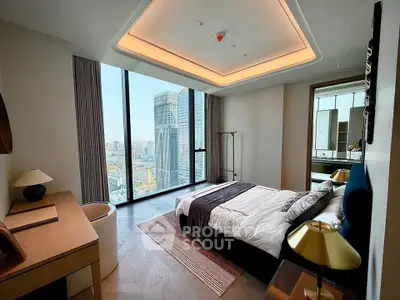 Luxurious bedroom with floor-to-ceiling windows offering stunning city views, modern decor, and elegant lighting.