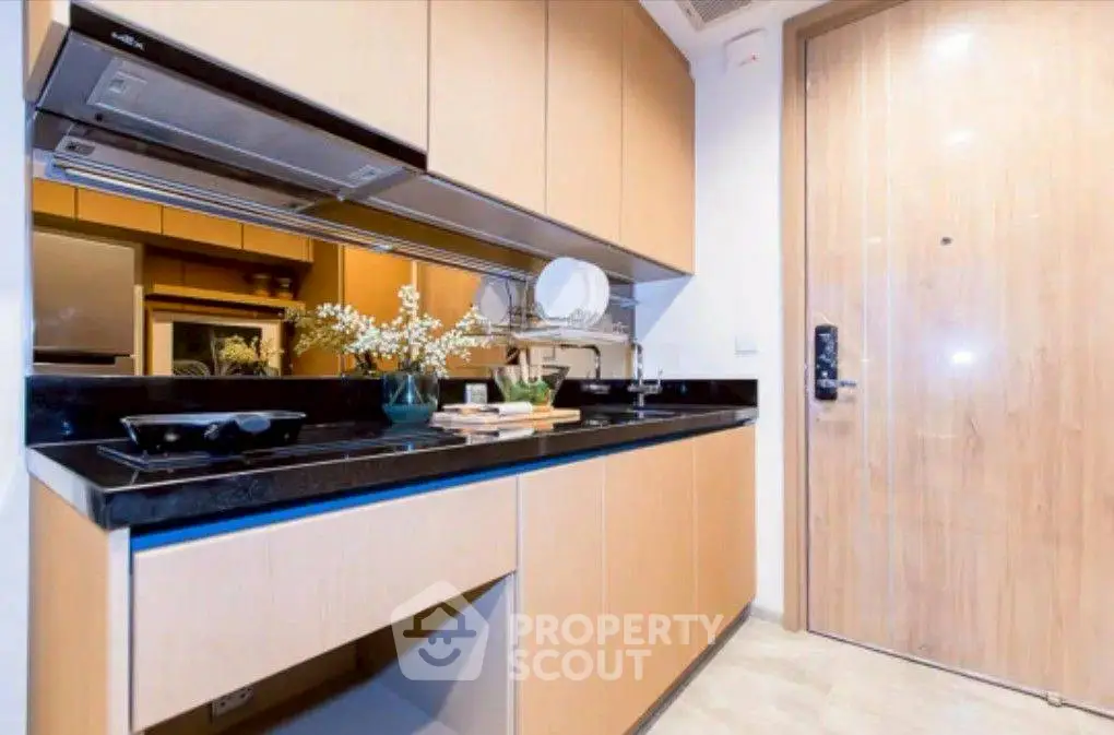 Modern kitchen with sleek cabinetry and built-in appliances in a compact layout.