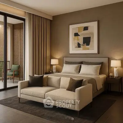 Luxurious bedroom with elegant decor and private balcony access, featuring a cozy sofa and modern artwork.