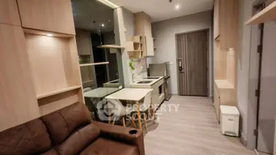 Modern apartment interior with cozy living area and stylish kitchen