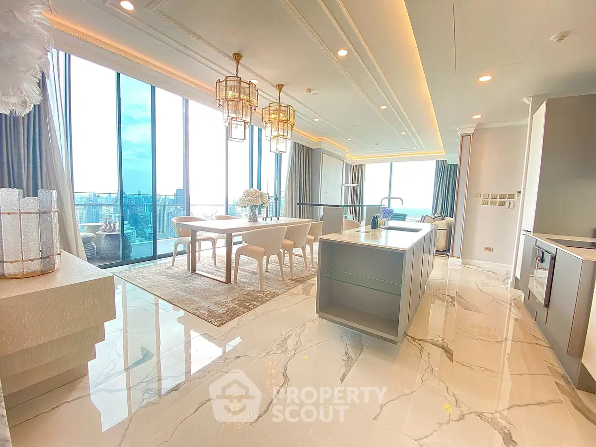 Luxurious open-plan living and dining area with stunning city views and elegant decor.