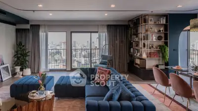 Luxurious modern living room with stunning city view and elegant decor