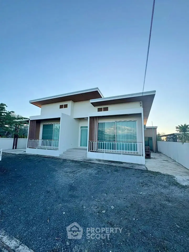 Modern minimalist house exterior with large windows and clean lines, perfect for contemporary living.