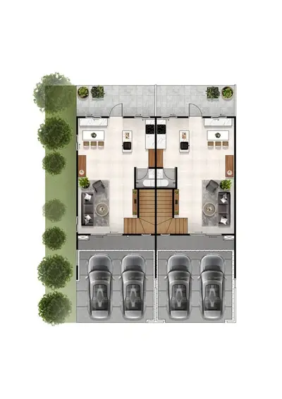 Modern duplex floor plan with spacious living areas and parking for two cars, featuring a stylish open layout.