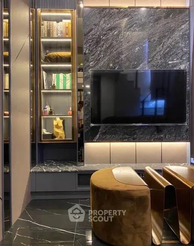 Luxurious modern living room with marble accents and sleek TV setup