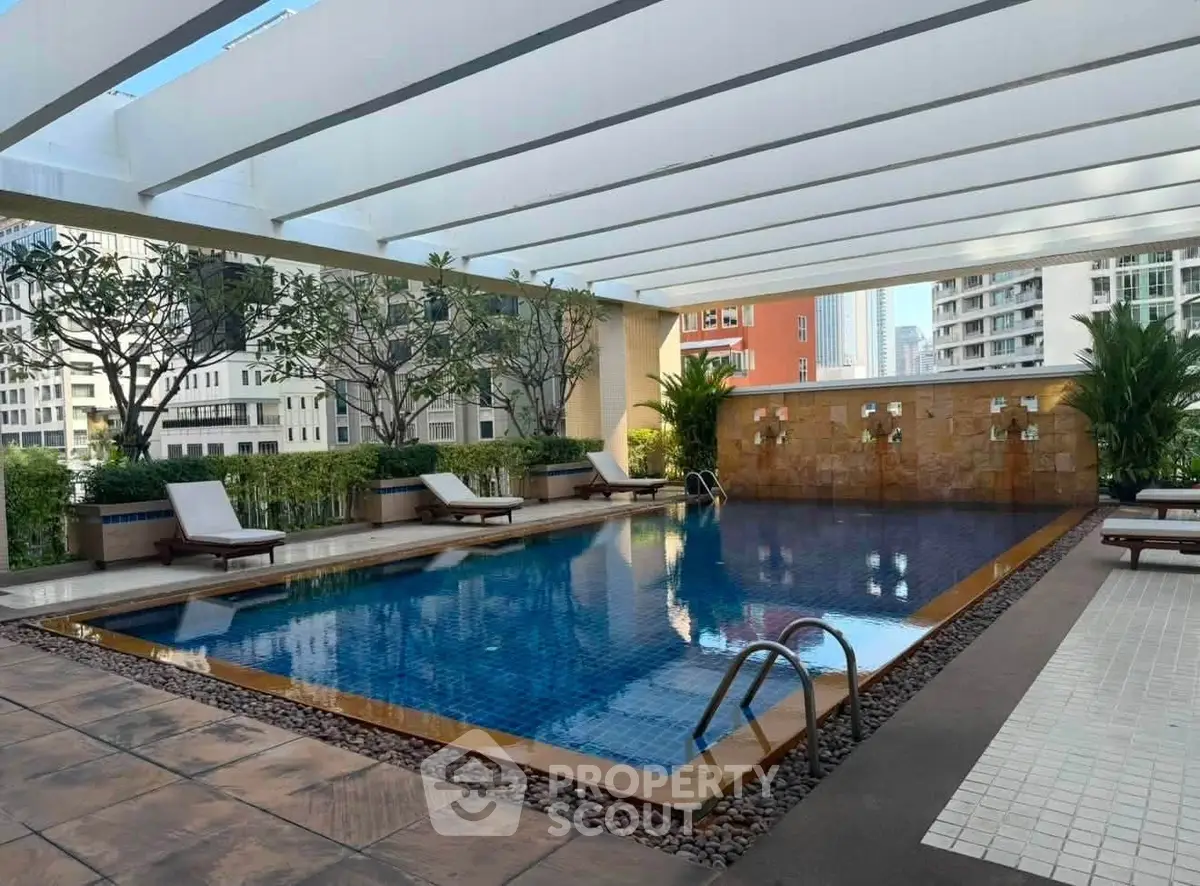 Luxurious rooftop pool with city views and elegant lounge chairs in a modern urban setting.