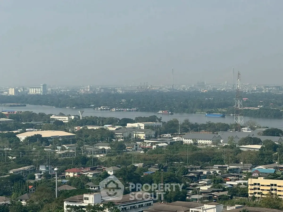 Stunning aerial view of urban landscape with river and lush greenery, perfect for real estate investment.
