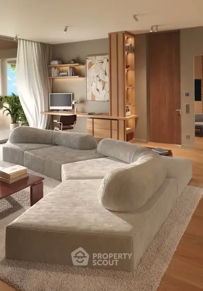 Luxurious living room with modern furniture and elegant decor, featuring a plush sofa and stylish workspace.