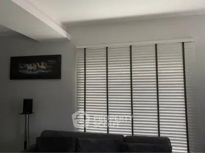Modern living room with sleek blinds and stylish decor