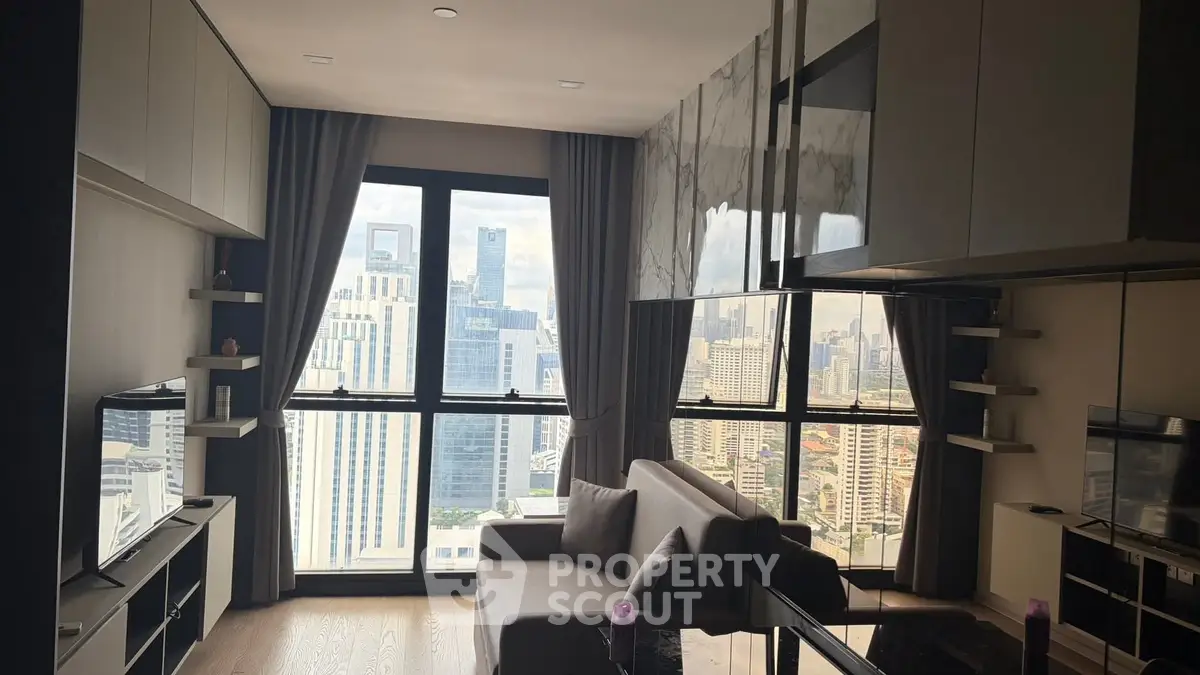 Modern living room with city view and stylish furniture