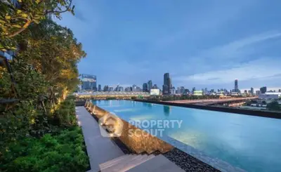 Luxurious rooftop infinity pool with stunning city skyline view at dusk.