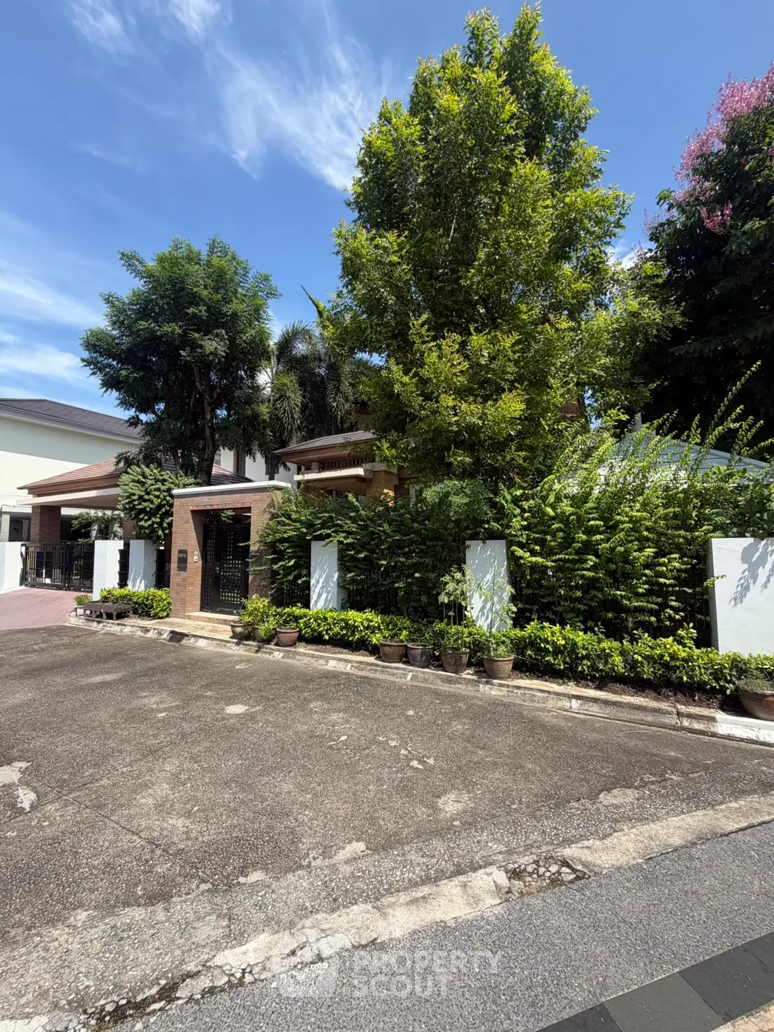 Charming suburban home with lush greenery and spacious driveway under a clear blue sky.