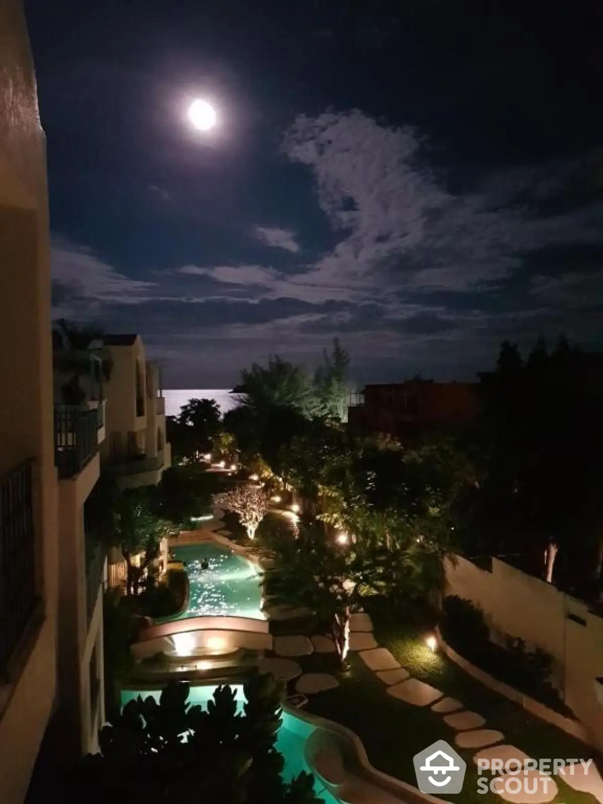 Stunning night view of luxury property with illuminated pool and lush garden under moonlight.