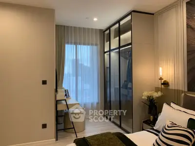 Luxurious modern bedroom with elegant decor and floor-to-ceiling windows