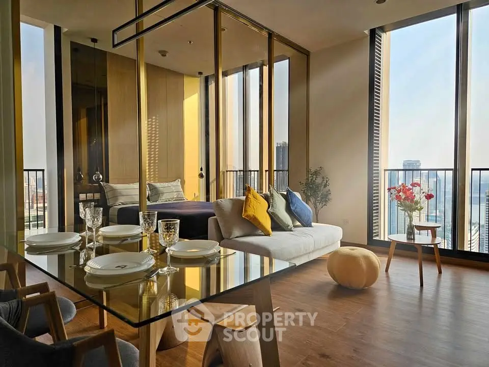 Luxurious modern living room with floor-to-ceiling windows and city view