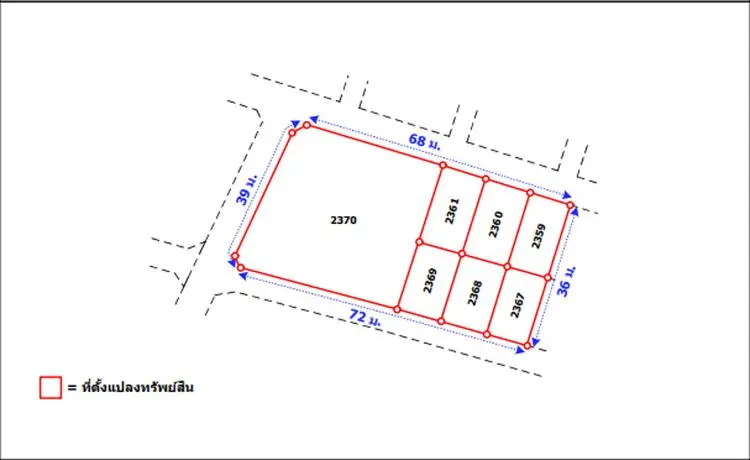 Detailed schematic plan of a real estate plot with dimensions and lot numbers.