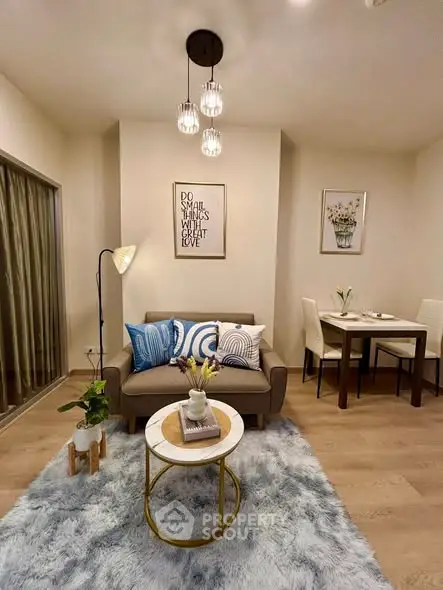 Chic living room with modern decor and cozy seating area, perfect for relaxation.