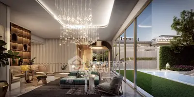 Luxurious living room with elegant chandelier and garden view, featuring modern furniture and floor-to-ceiling windows.