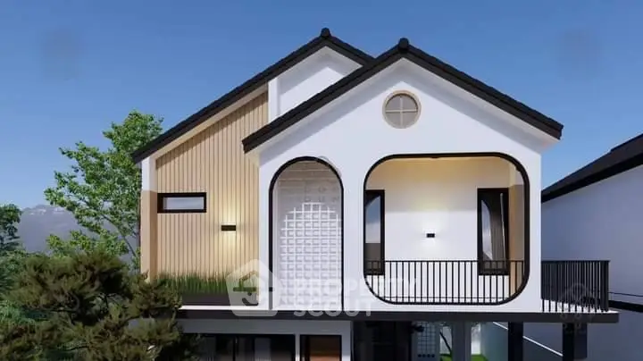 Modern architectural home with unique facade and balcony, surrounded by greenery.