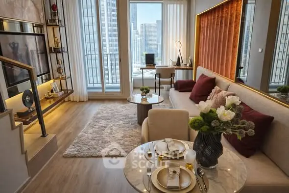 Luxurious modern living room with city view, elegant decor, and cozy ambiance.
