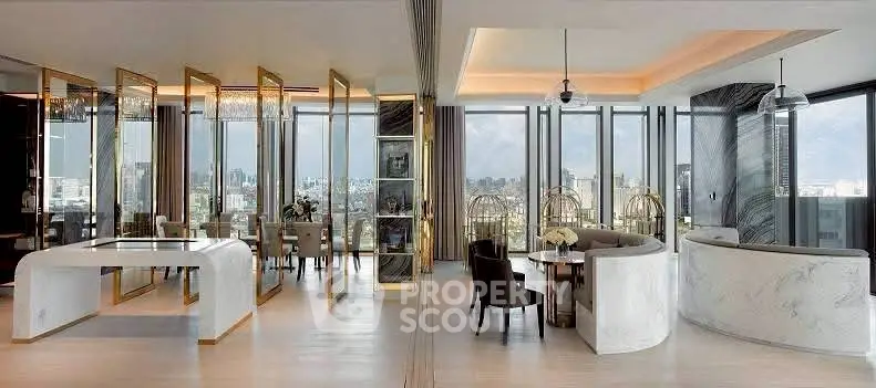 Luxurious modern living room with panoramic city views and elegant dining area.