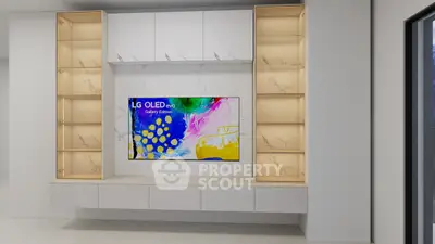 Modern living room with built-in TV unit and stylish shelving