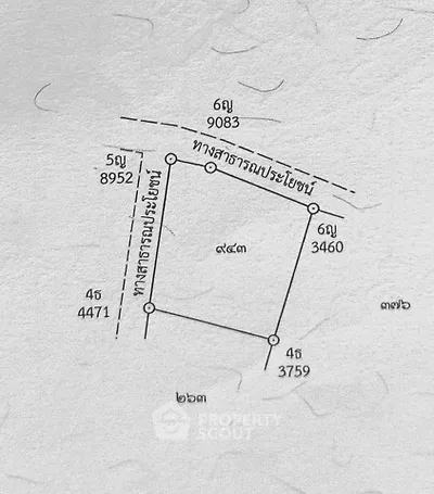 Detailed schematic plan of a property plot with measurements and boundaries.
